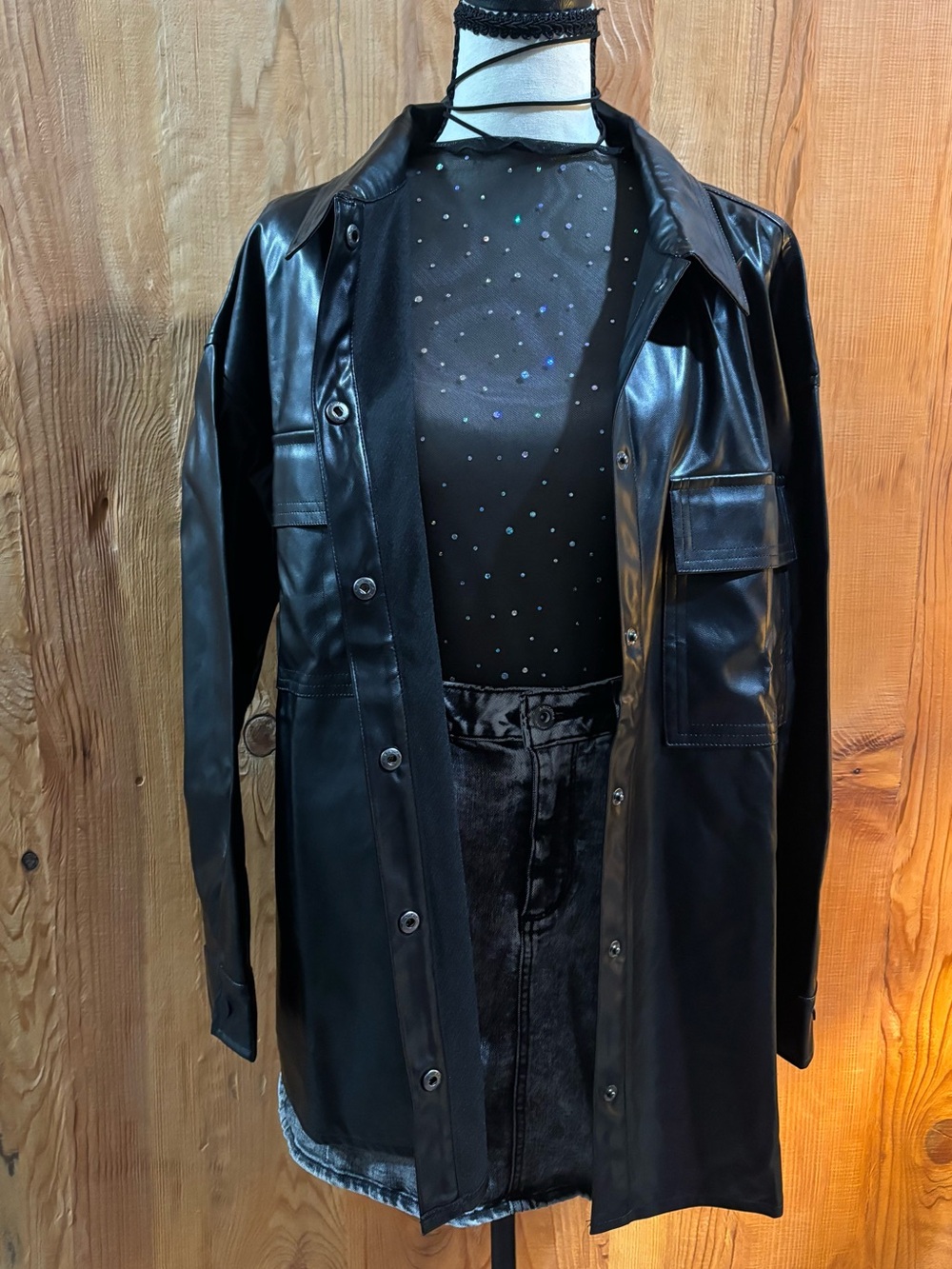 Black Faux Leather Longline Jacket - Women